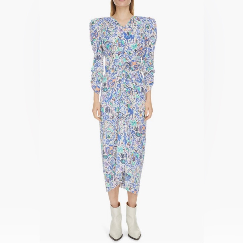 NEW $1395 Isabel Marant Albi Dot Print Ruched Stretch Silk Dress in 8 US / 40 FR